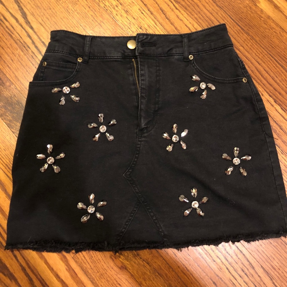 Black Denim Skirt with Rhinstones